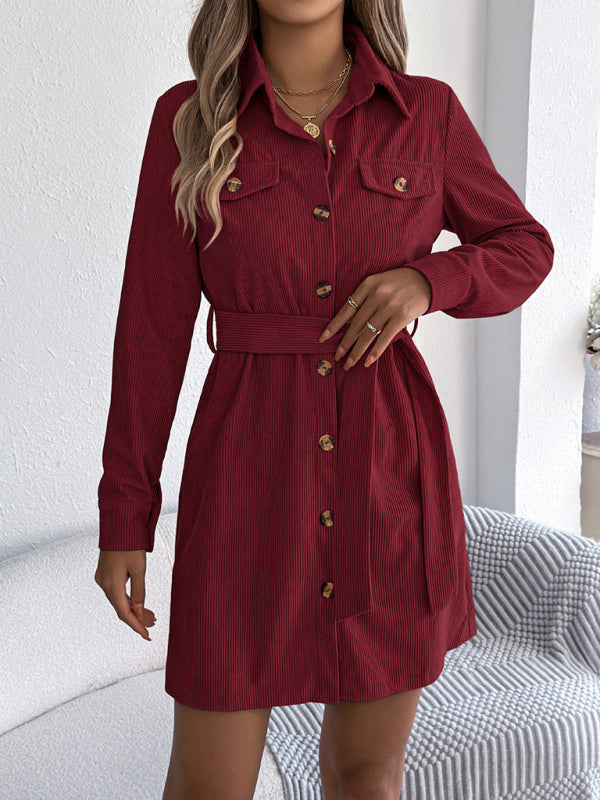 Casual solid color single-breasted long-sleeved tie corduroy shirt dress