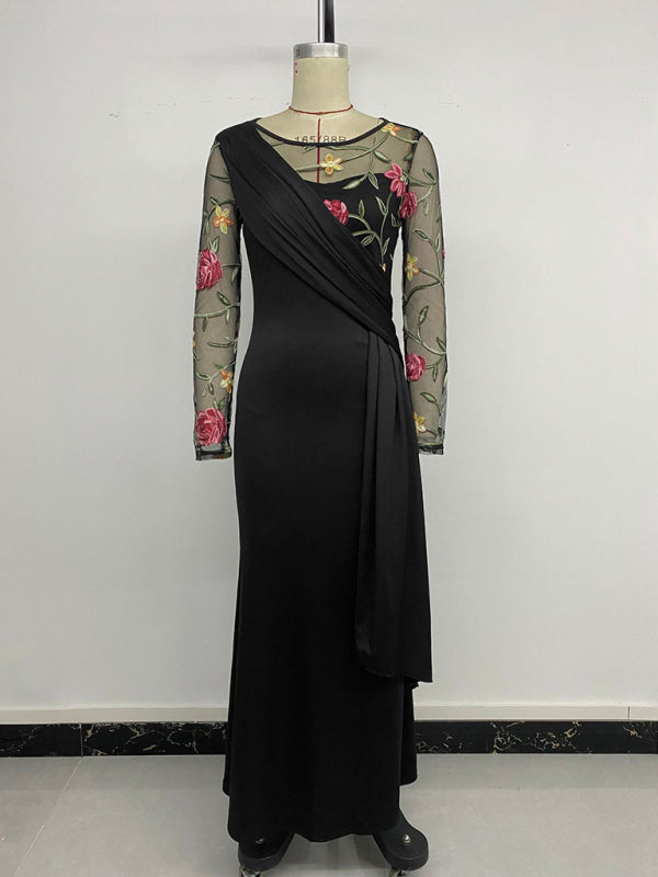 Round Neck Mesh Embroidery Panel Long Sleeve Dress