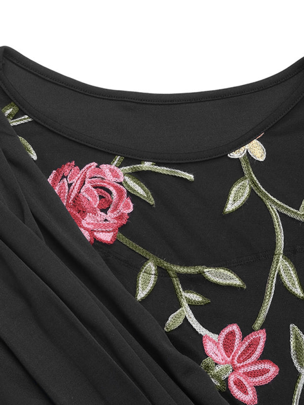 Round Neck Mesh Embroidery Panel Long Sleeve Dress