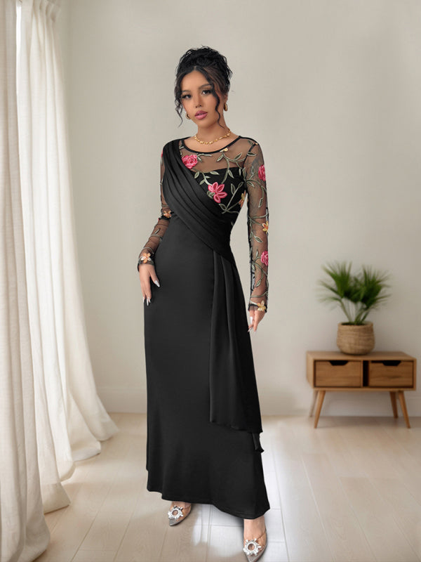 Round Neck Mesh Embroidery Panel Long Sleeve Dress