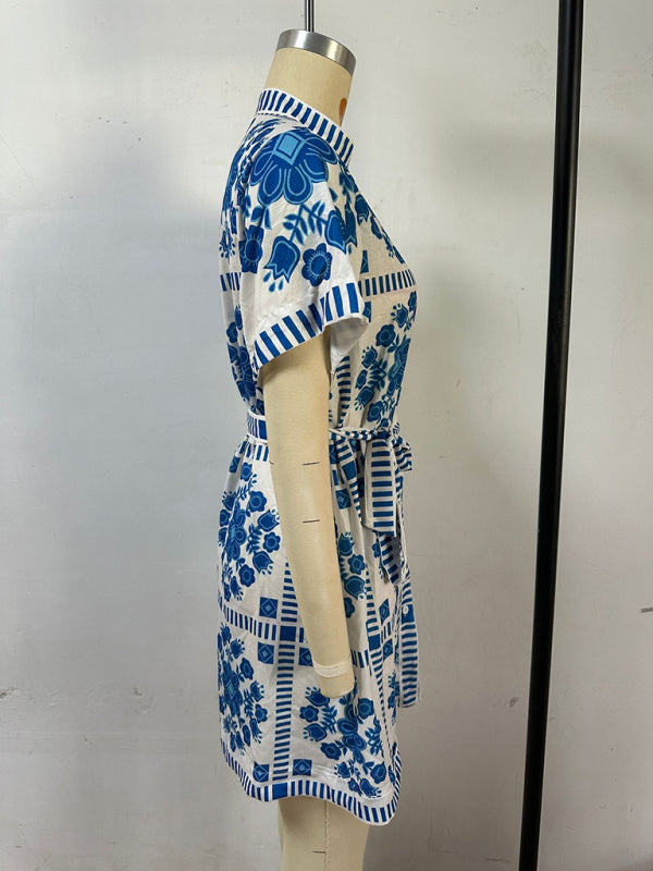 Casual women's fashion print tie dress