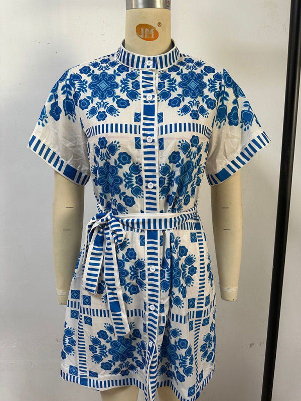 Casual women's fashion print tie dress