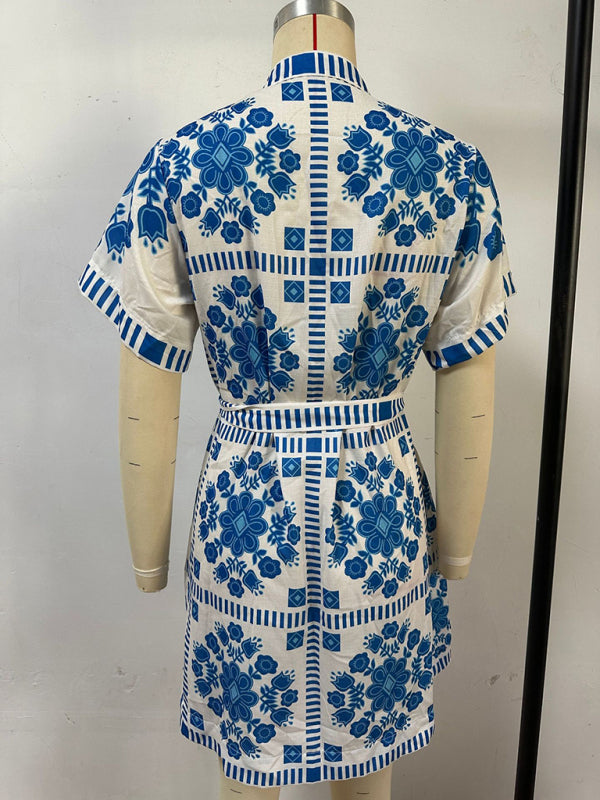 Casual women's fashion print tie dress