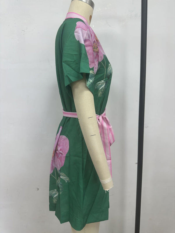 Casual women's fashion print tie dress