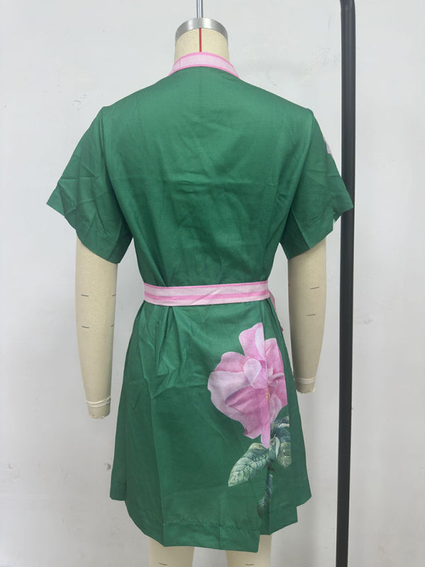 Casual women's fashion print tie dress