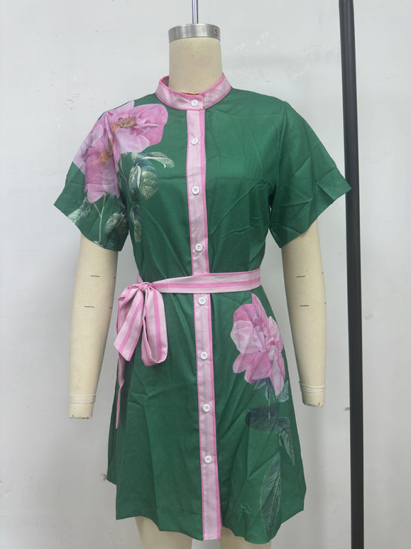 Casual women's fashion print tie dress