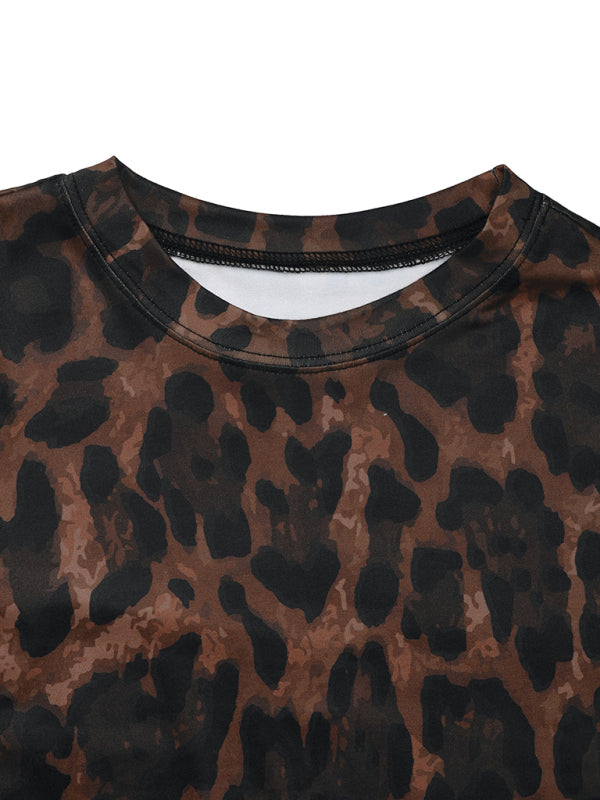 Women's round neck sexy hip-wrapped two-piece suit long sleeve leopard print slim fit slit sett