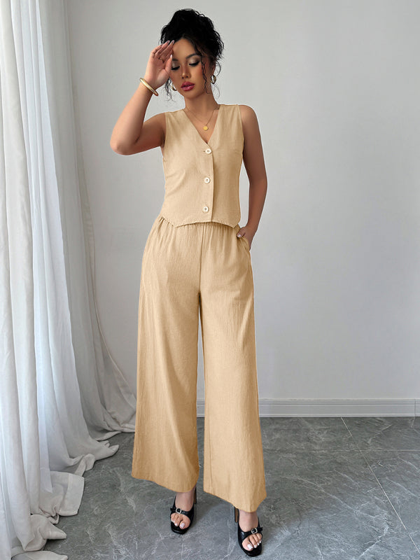Simple sleeveless vest wide-leg trousers two-piece set