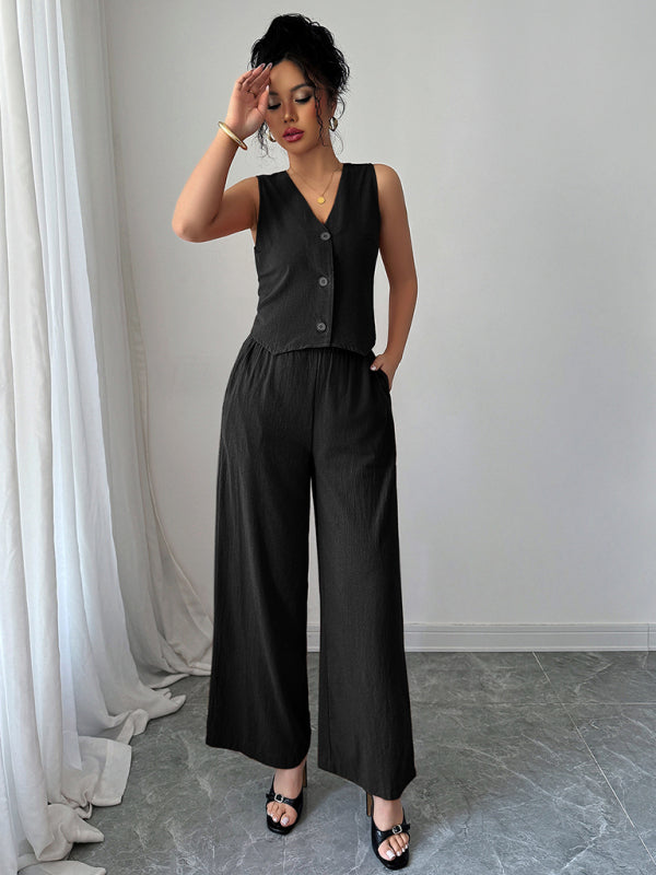 Simple sleeveless vest wide-leg trousers two-piece set