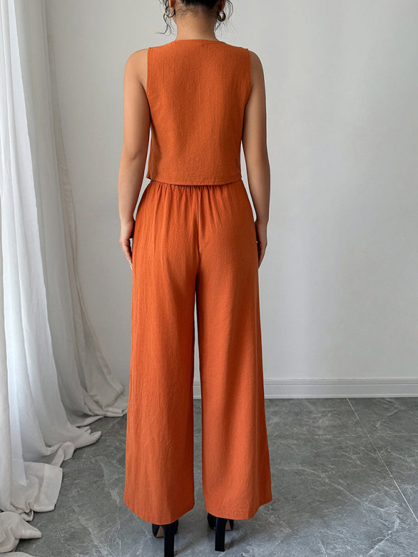 Simple sleeveless vest wide-leg trousers two-piece set