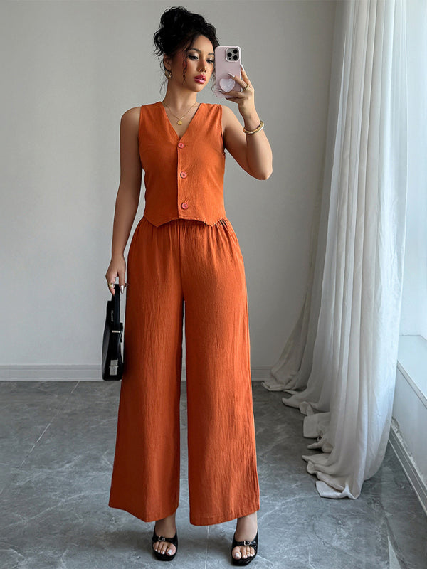 Simple sleeveless vest wide-leg trousers two-piece set