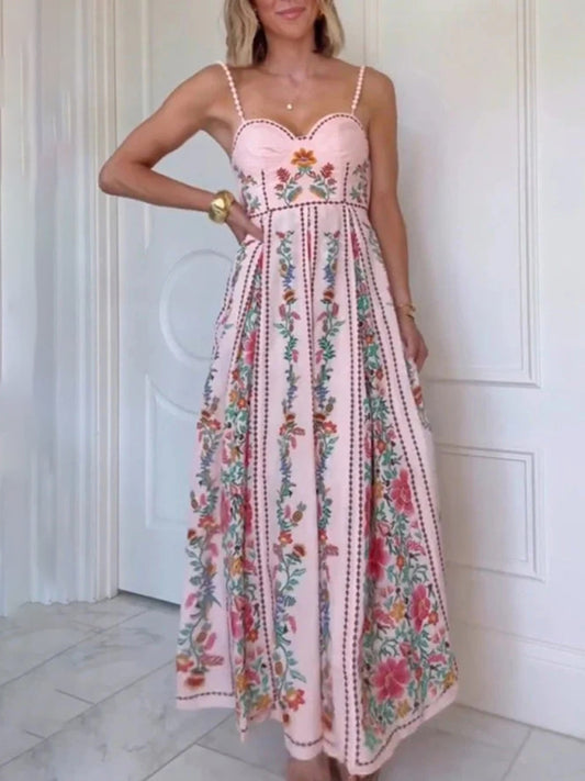 Beaded suspender print holiday dress