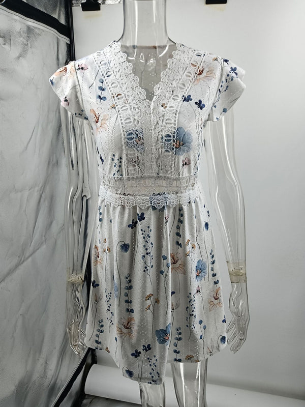 Casual Printed V-Neck Lace Stretch Lace Short Dress