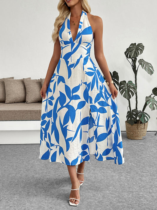 Plant print skirt seaside holiday style halter neck slit dress