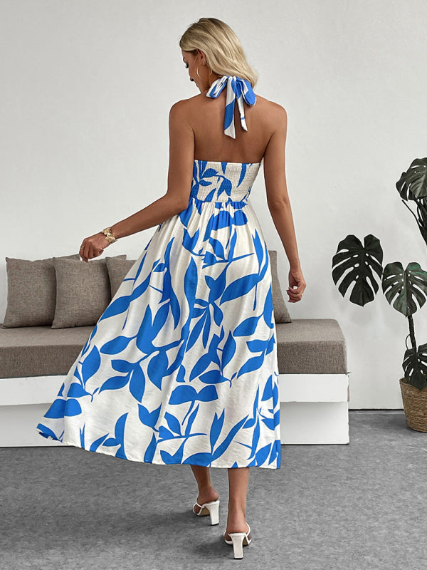 Plant print skirt seaside holiday style halter neck slit dress