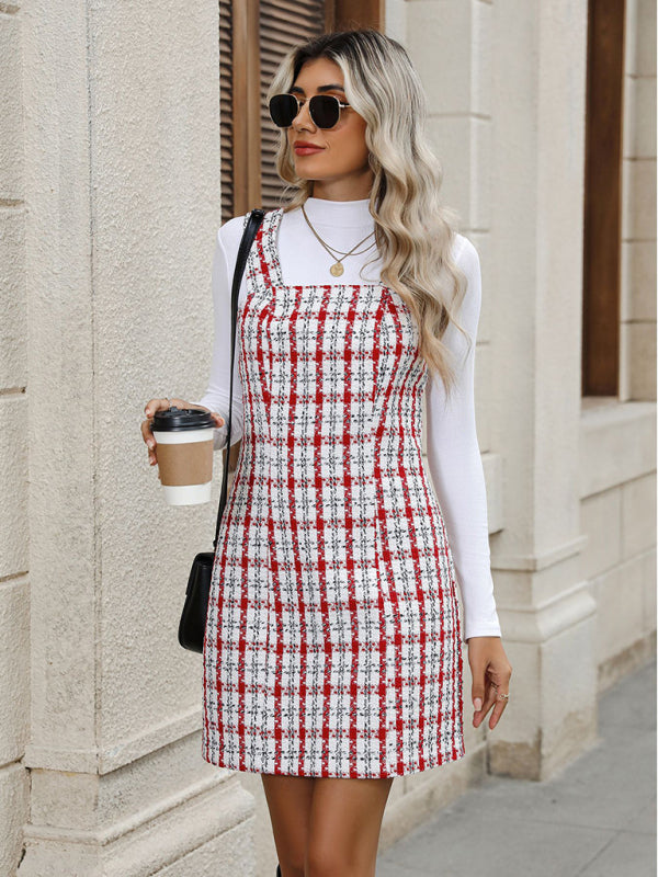 New Plaid Woolen Suspender Short Dress