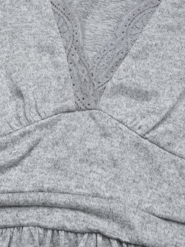 New V-neck long sleeve solid color brushed slit long dress