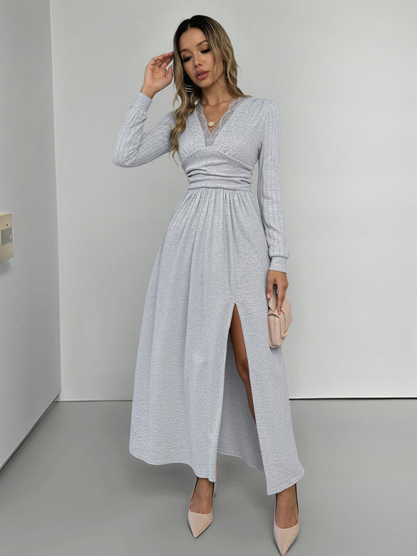 New V-neck long sleeve solid color brushed slit long dress