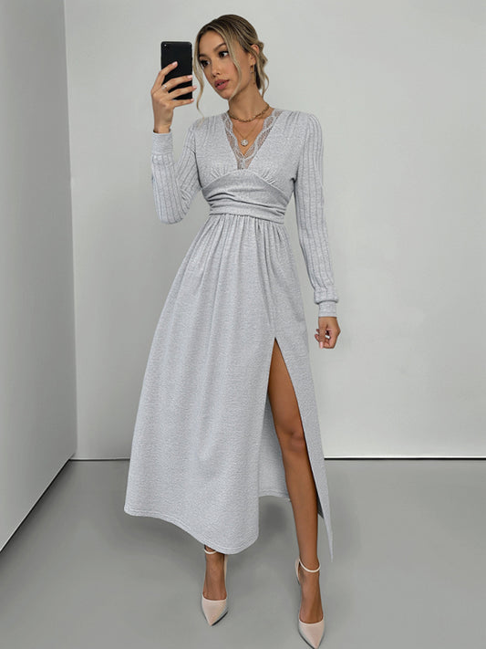 New V-neck long sleeve solid color brushed slit long dress