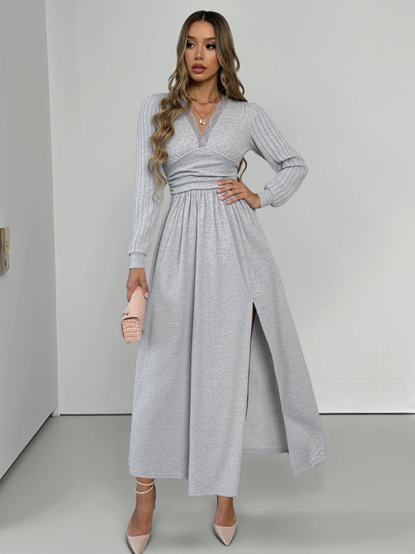 New V-neck long sleeve solid color brushed slit long dress