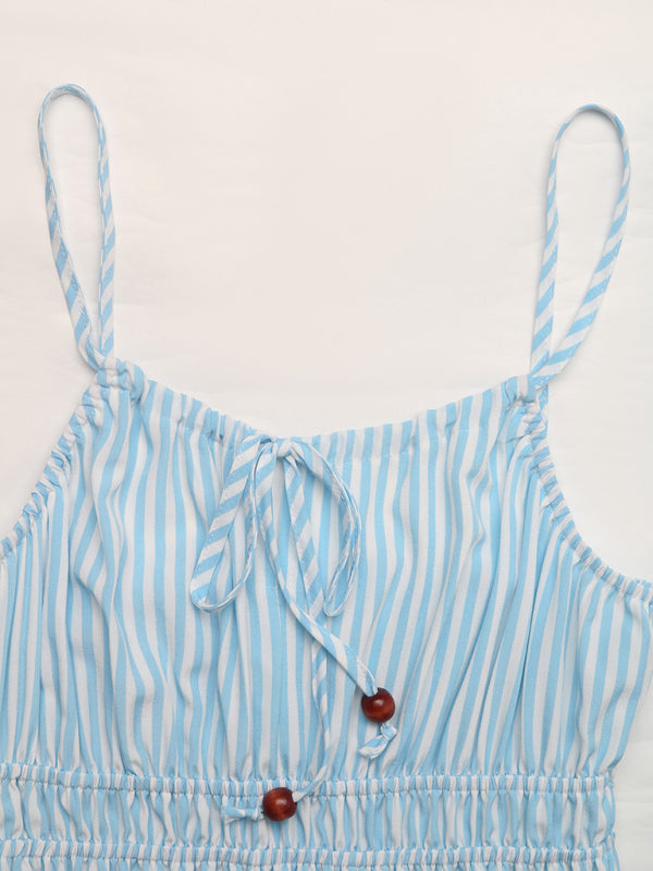 Holiday style striped suspender dress square neck tie sleeveless long dress