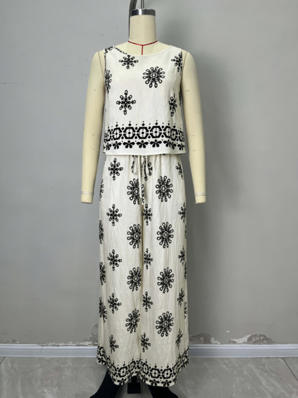 Printed vest with button-down elastic waist and wide-leg pants, two-piece set