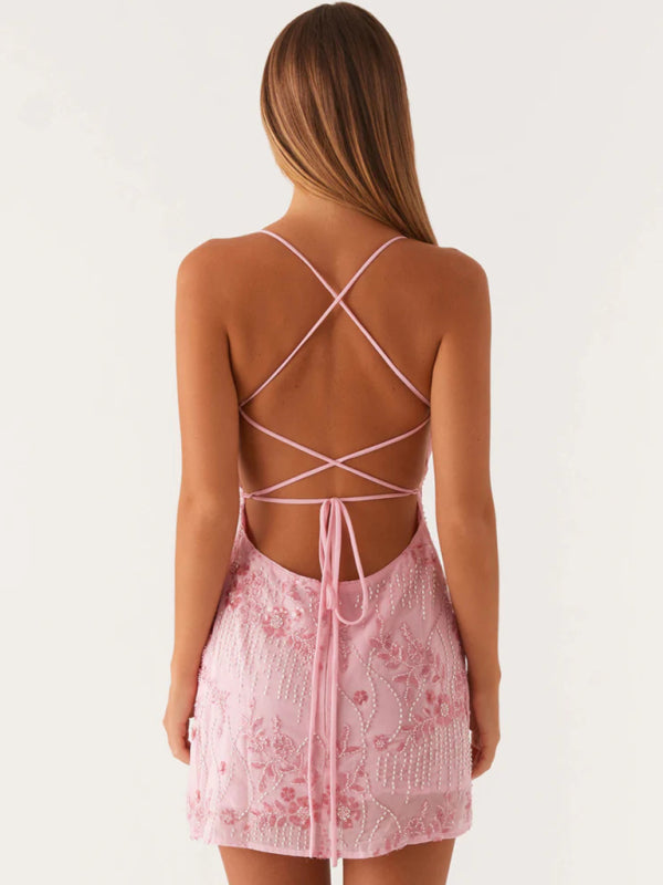 Women's sequin embroidered skirt sexy backless suspender dress