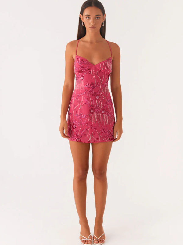 Women's sequin embroidered skirt sexy backless suspender dress