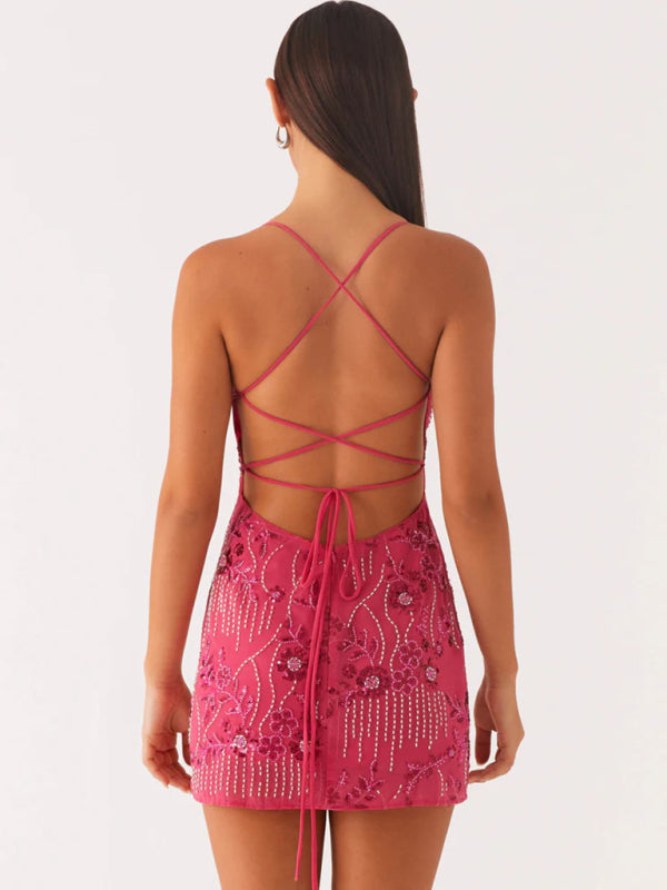 Women's sequin embroidered skirt sexy backless suspender dress