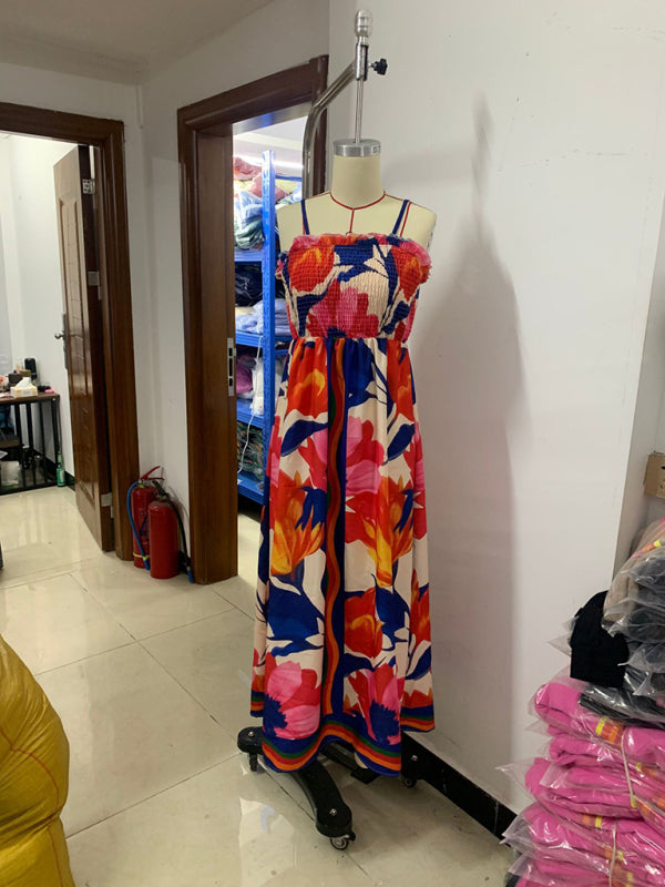 Floral print sleeveless waisted resort dress