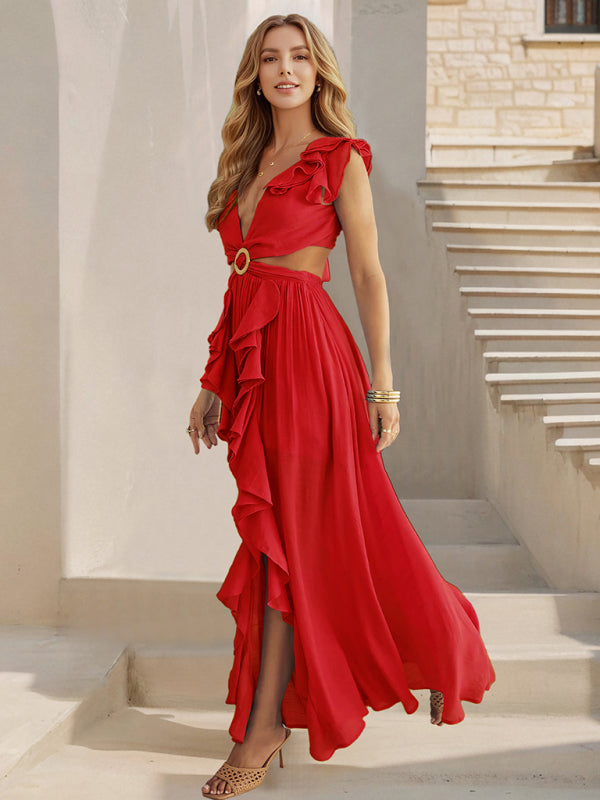 Sexy Slim Backless Dress Bohemian Holiday V-Neck Ruffle Slit Maxi Dress