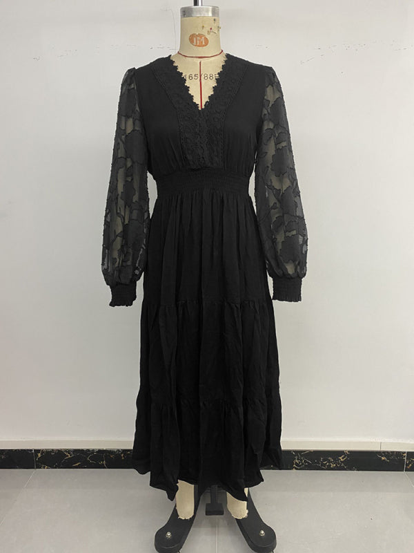 V-neck waist lace long-sleeved solid color dress