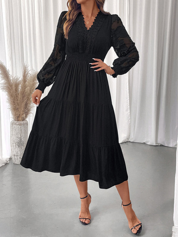 V-neck waist lace long-sleeved solid color dress