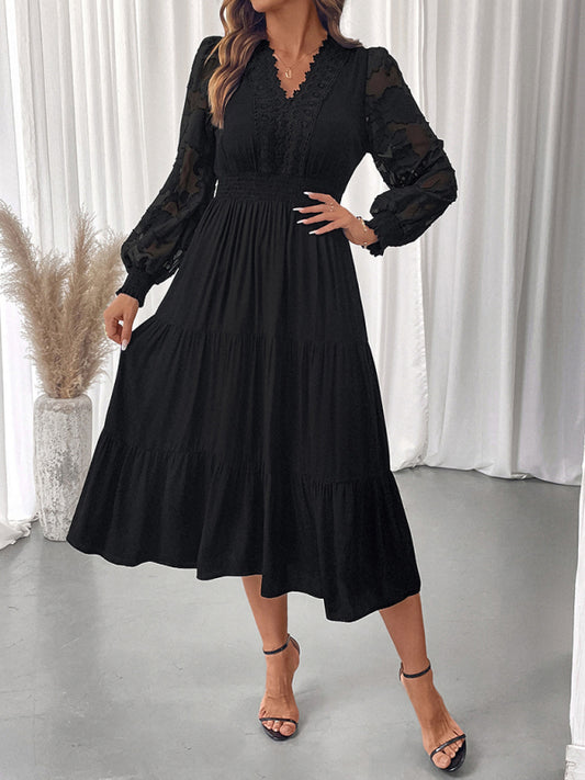 V-neck waist lace long-sleeved solid color dress
