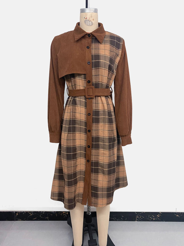 Casual retro shirt collar plaid patchwork dress