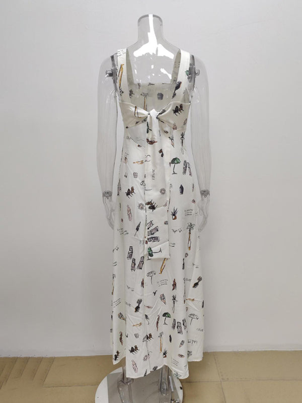 Women's Sleeveless Lace-up Suspender Sexy Print Dress