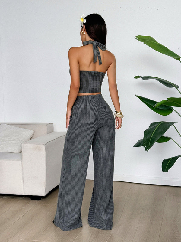 Sexy hot girl halterneck vest solid color straight pants set