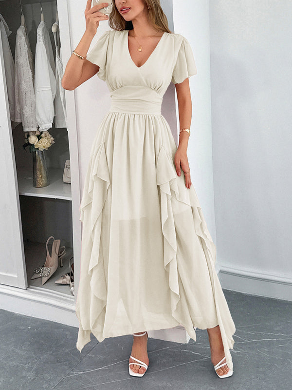 Elegant short-sleeved deep V long dress