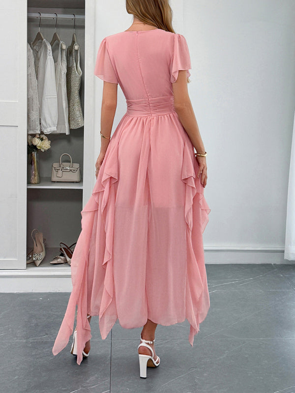 Elegant short-sleeved deep V long dress