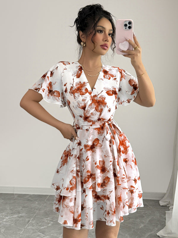 Printed deep V mini dress