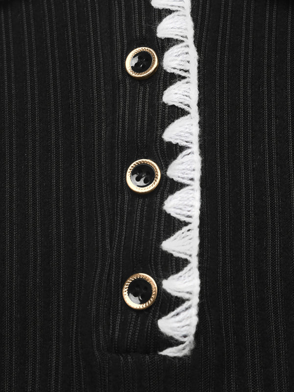 Contrast-edged knitted slim-waist A-line long-sleeved dress