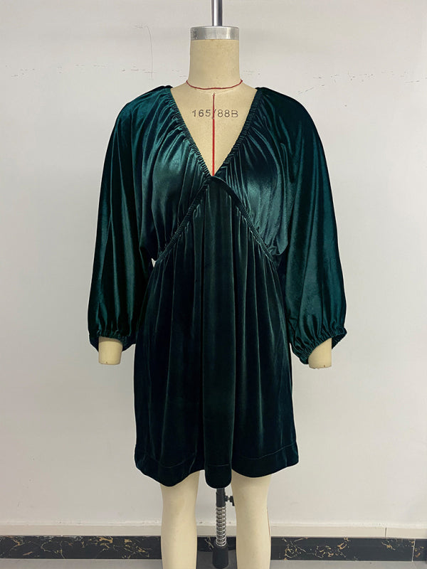 Elegant retro lantern sleeve pleated deep V neck velvet dress