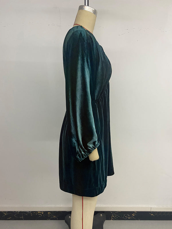 Elegant retro lantern sleeve pleated deep V neck velvet dress