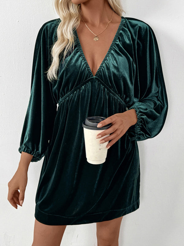 Elegant retro lantern sleeve pleated deep V neck velvet dress
