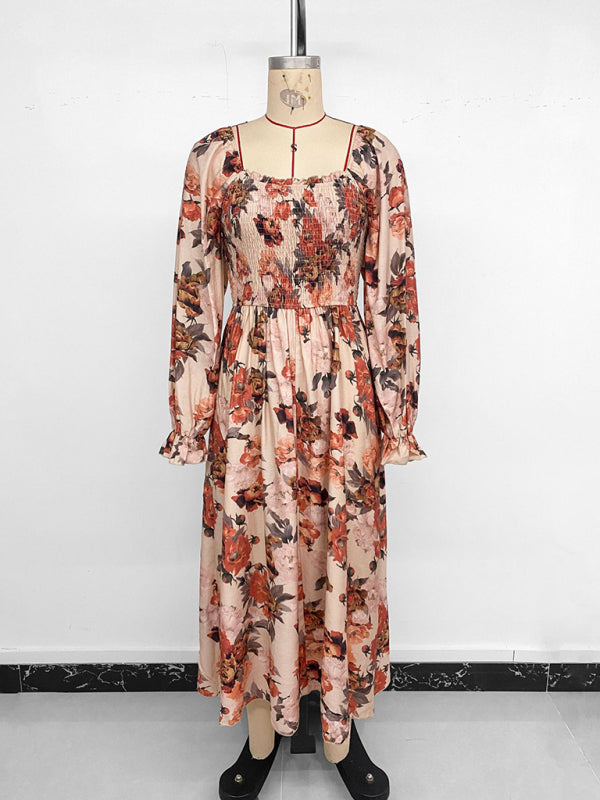 Retro French romantic and elegant printed dress with square neckline and slits