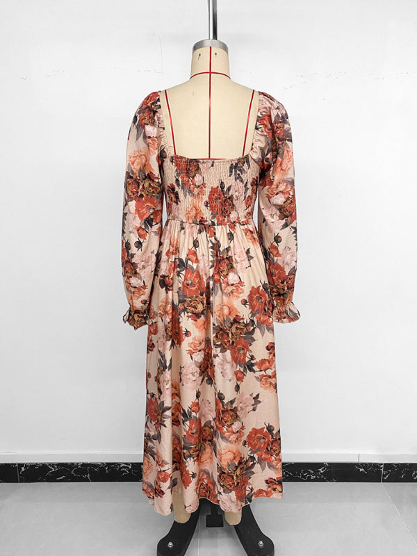 Retro French romantic and elegant printed dress with square neckline and slits