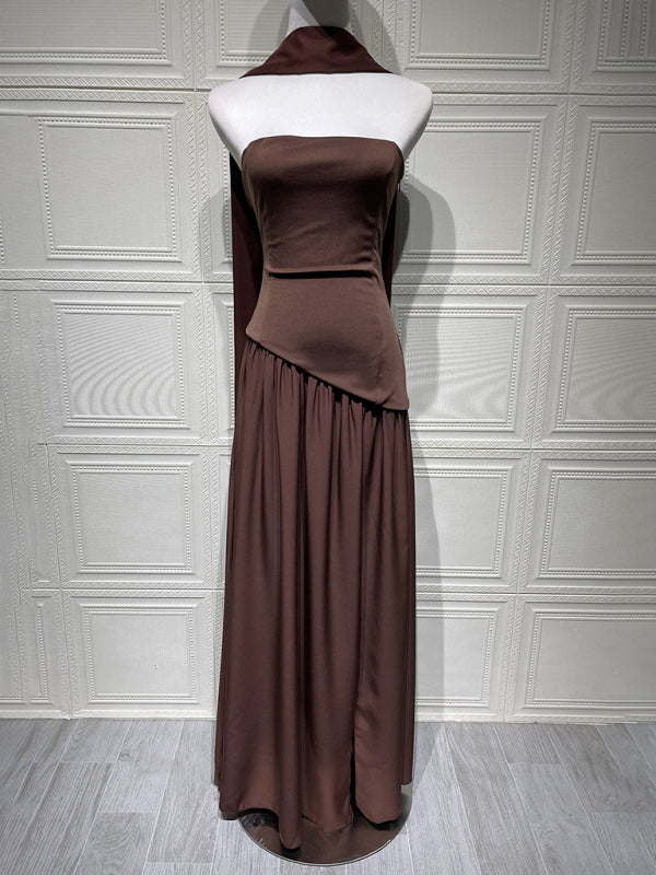 Dark brown tube top solid color open back slit dress