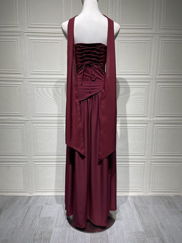 Dark brown tube top solid color open back slit dress