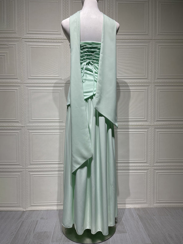 Green tube top solid color open back slit dress