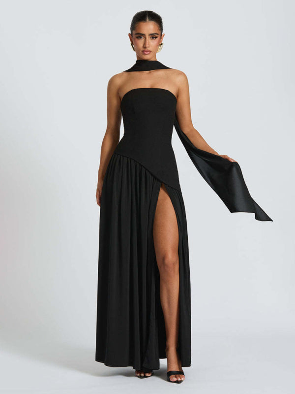 Strapless solid color open back slit dress